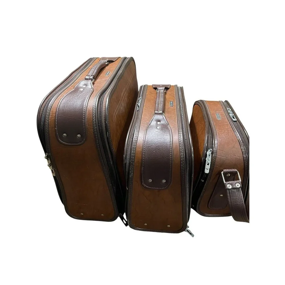 Vintage Samsonite Travel Bureau Brown Leather 3-Piece Luggage Set With Zipper Cl